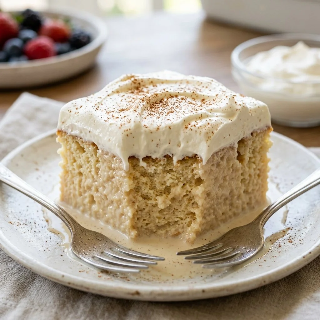 Deliciously moist Tres Leches Cake topped with whipped cream and cherries