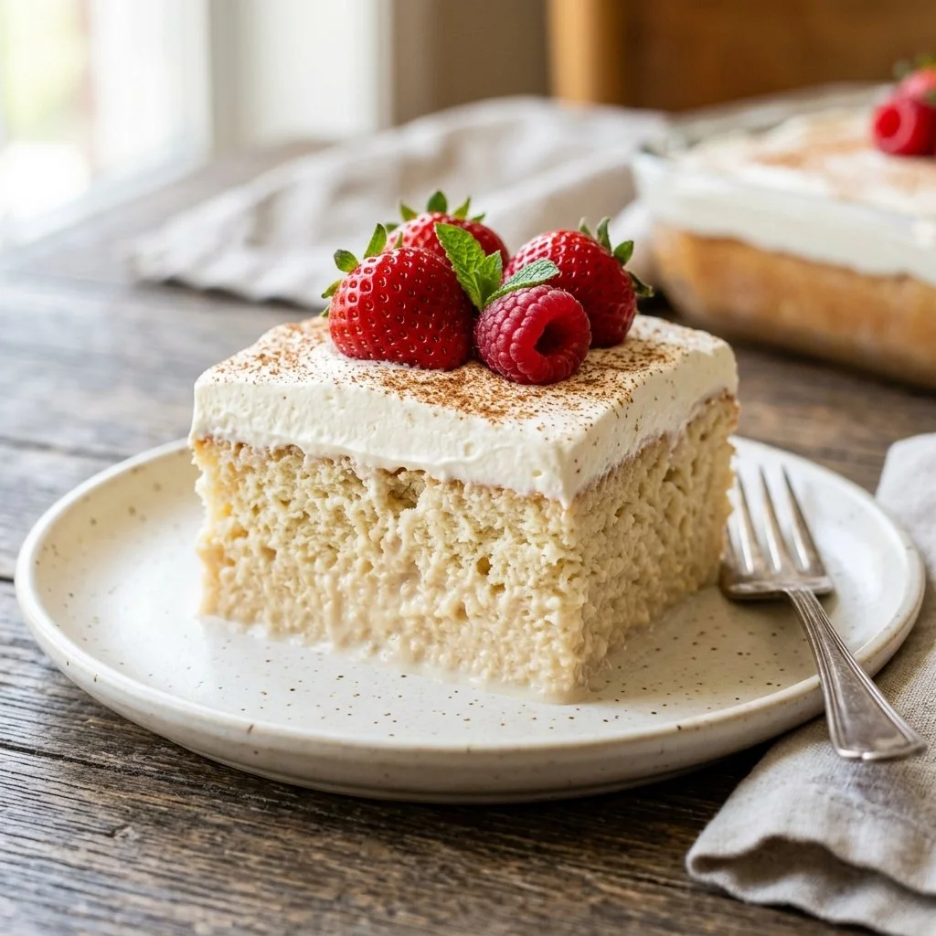 Delicious homemade Tres Leches Cake topped with whipped cream and strawberries