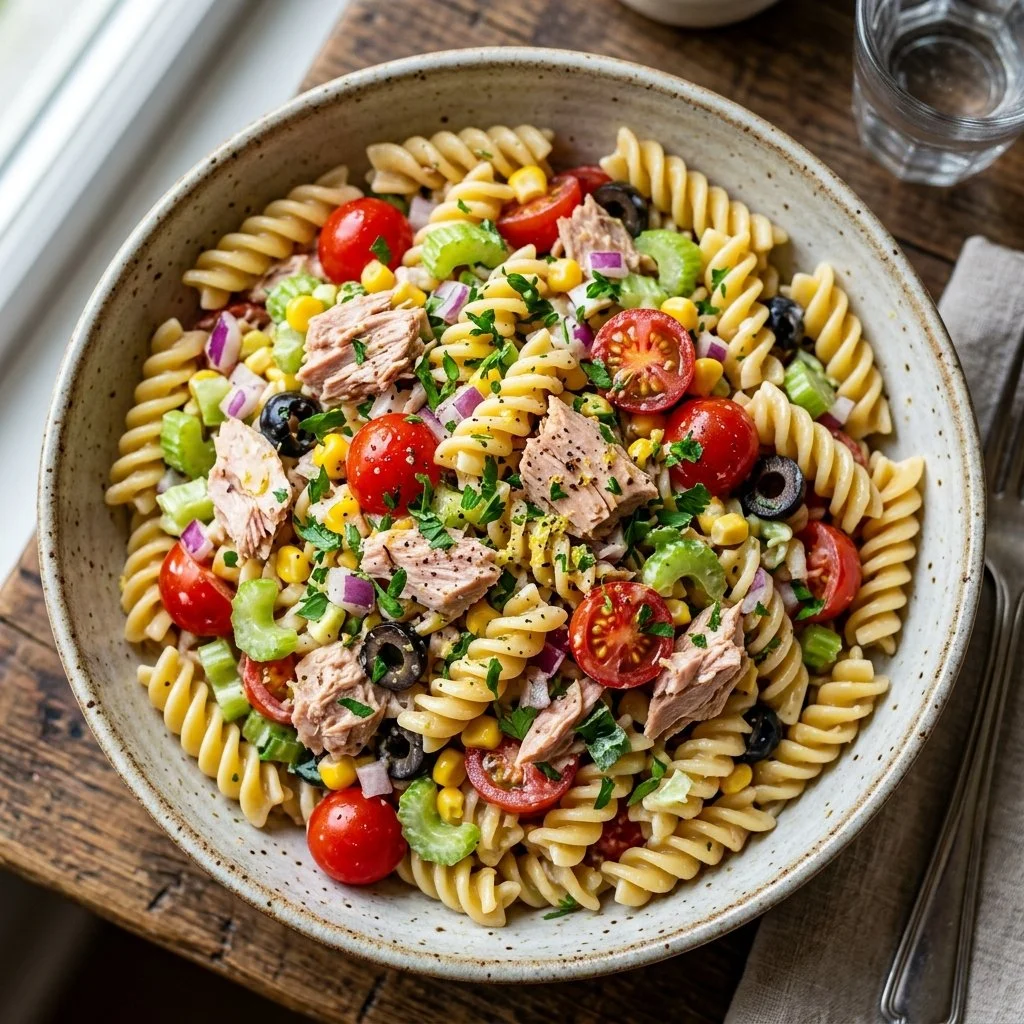 Bowl of Tuna Pasta Salad with fresh vegetables and dressing