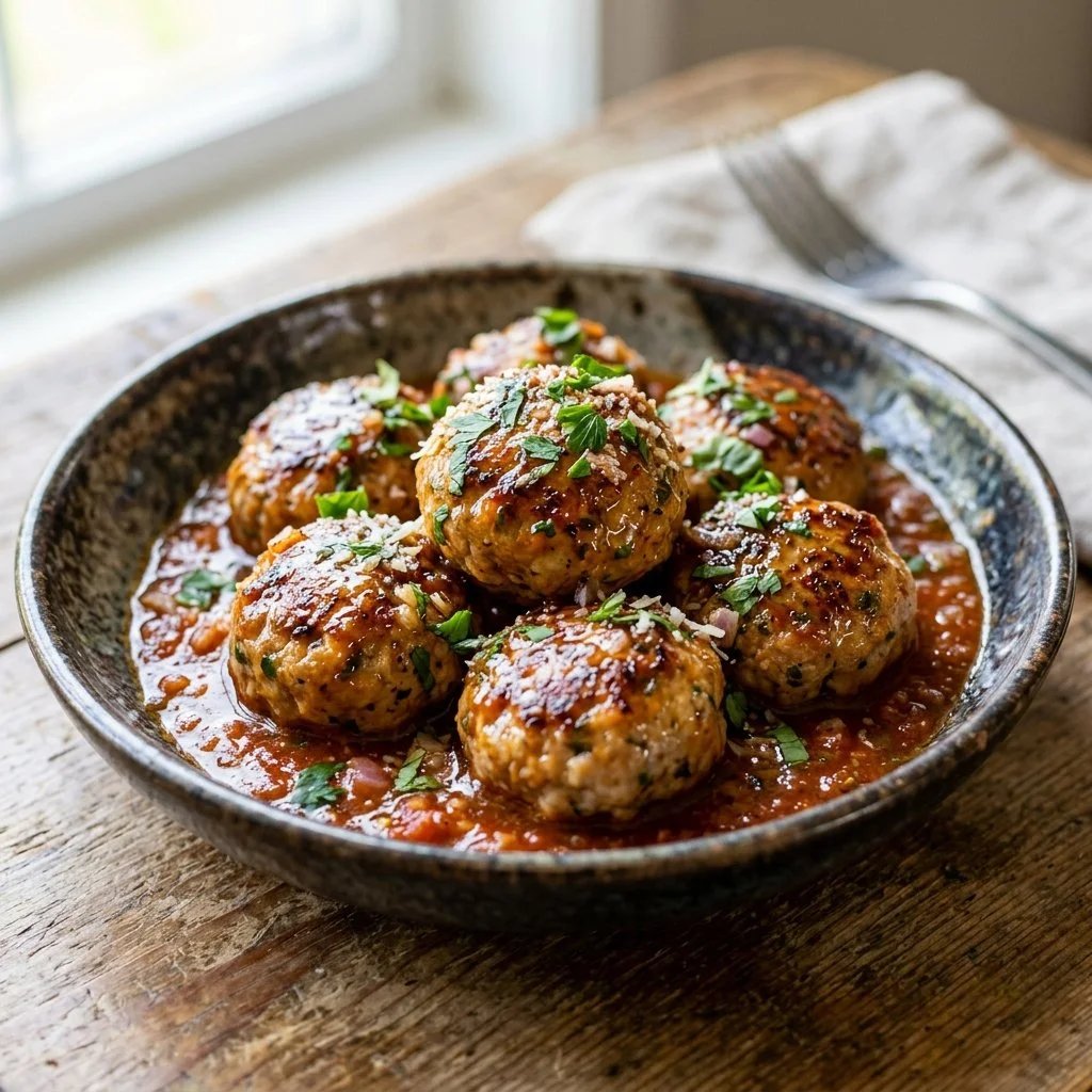 Delicious homemade turkey meatballs served on a plate with herbs.