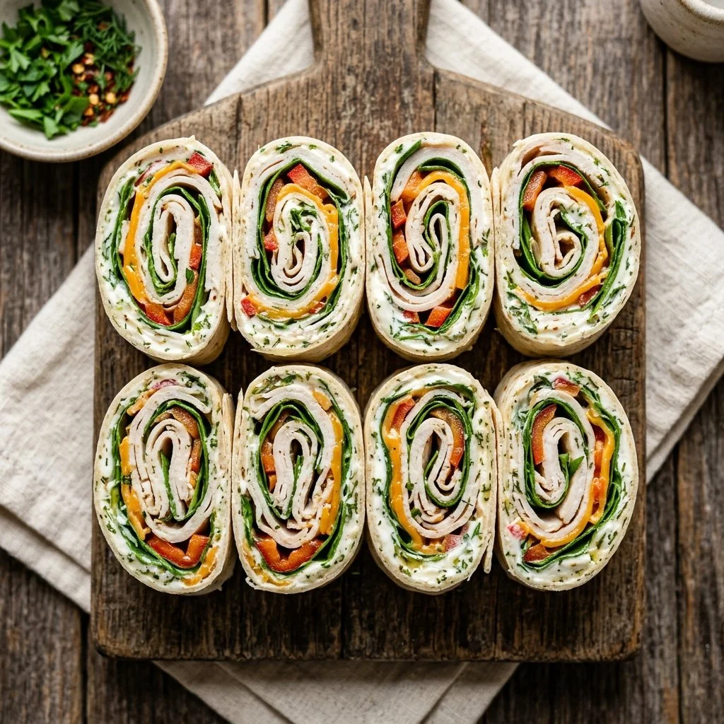 Delicious Turkey Ranch Pinwheels filled with turkey and ranch dressing.