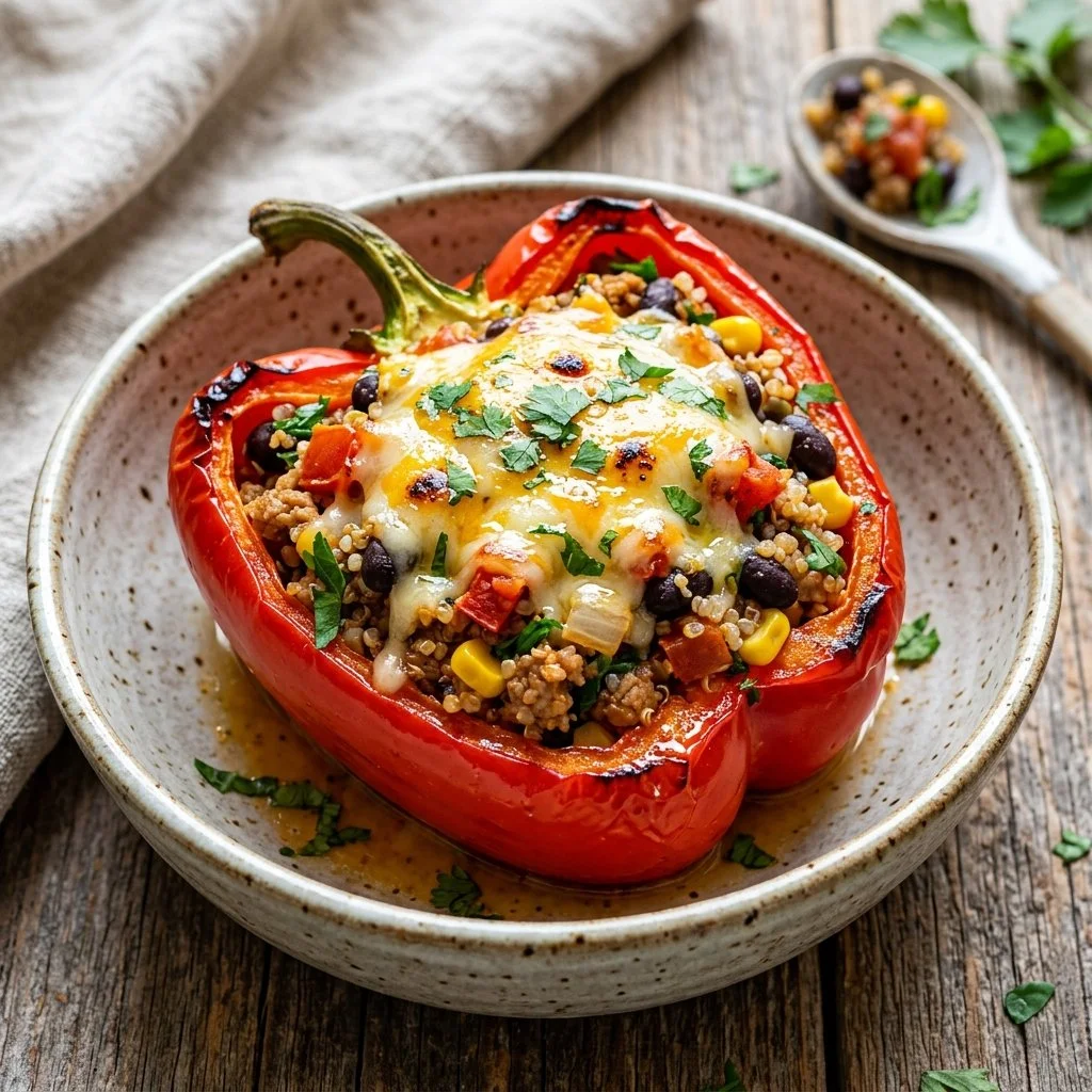 Baked Turkey Stuffed Peppers filled with seasoned ground turkey and vegetables