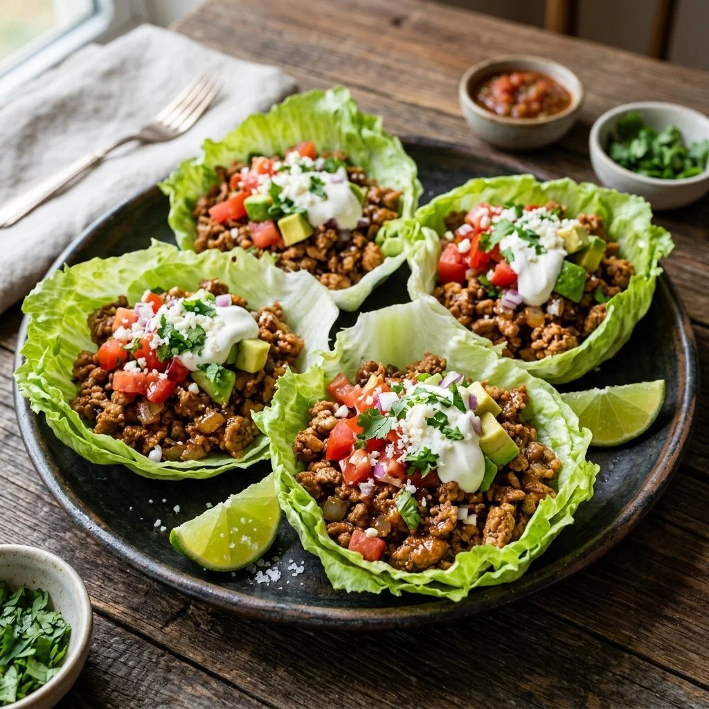 Delicious Turkey Taco Lettuce Wraps topped with fresh vegetables and spices