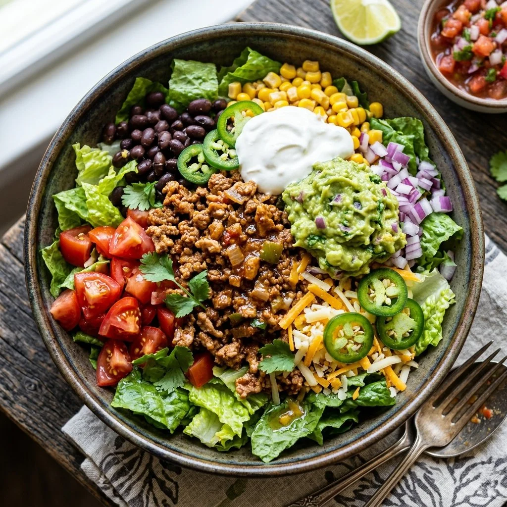 A colorful Turkey Taco Salad with fresh vegetables and ground turkey on a plate.