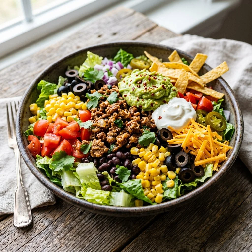 Healthy Turkey Taco Salad with fresh vegetables and toppings