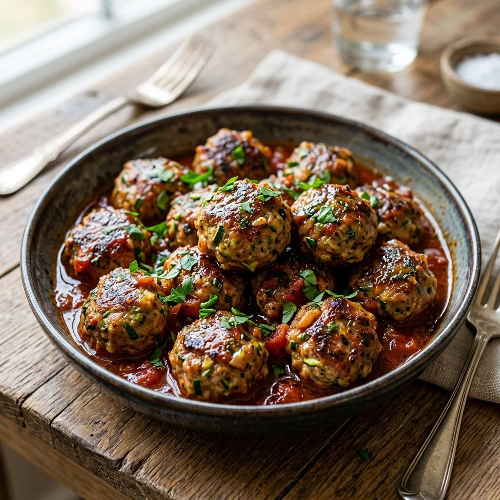 Plate of turkey zucchini meatballs garnished with herbs