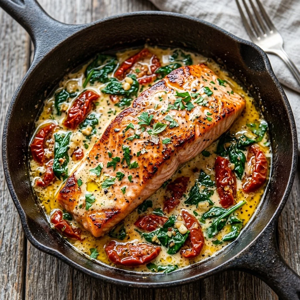Delicious Tuscan Butter Salmon served with fresh vegetables