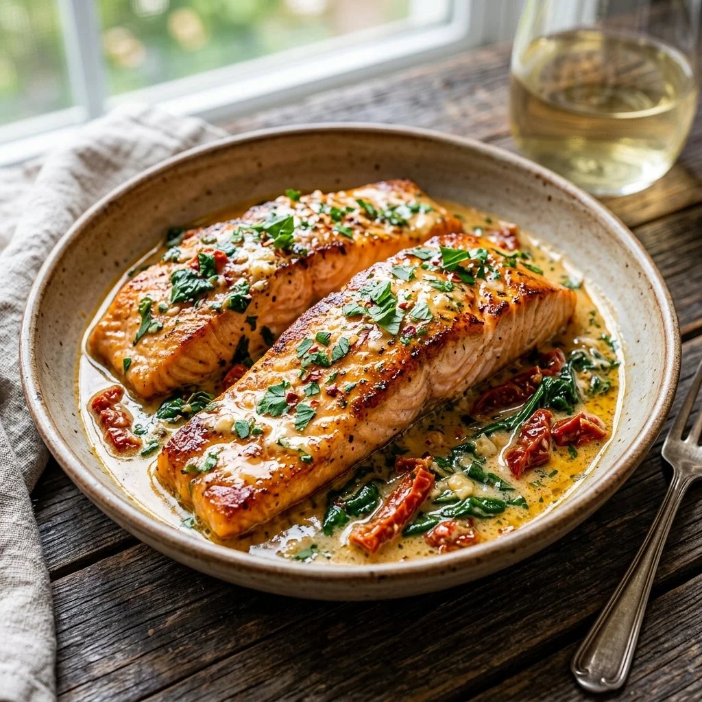 Delicious Tuscan Butter Salmon served with herbs and garnished for an appealing presentation.