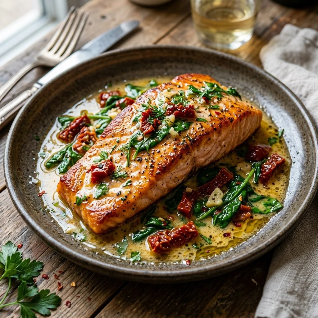 Delicious Tuscan Butter Salmon garnished with herbs on a plate.
