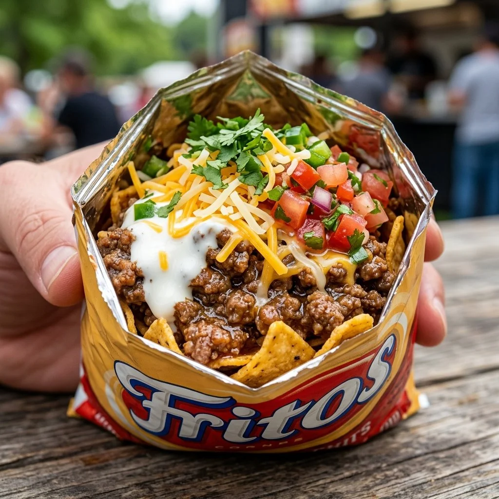 Delicious Walking Tacos served in a bag with toppings like cheese and salsa.