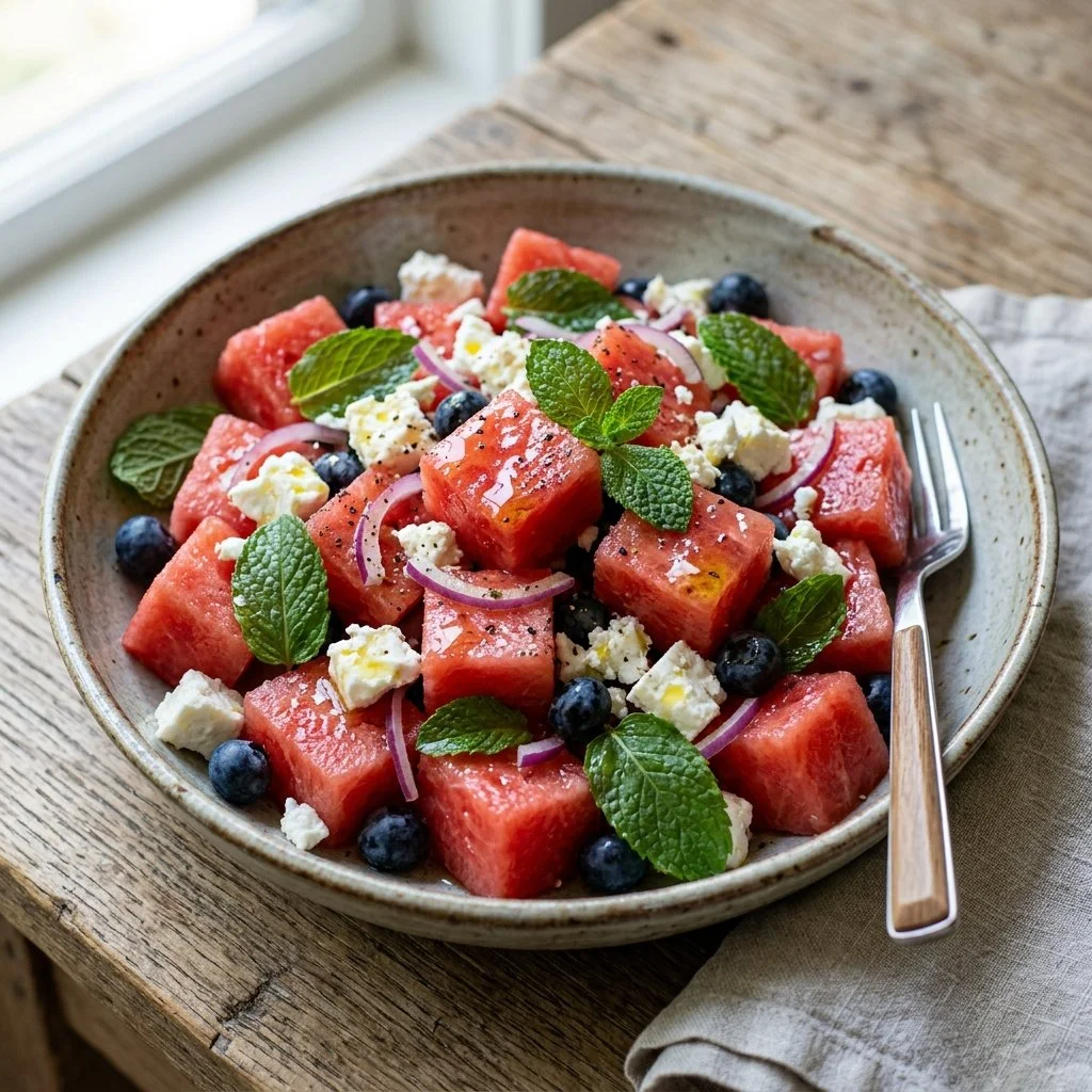 Fresh watermelon feta salad with mint, perfect for summer meals.