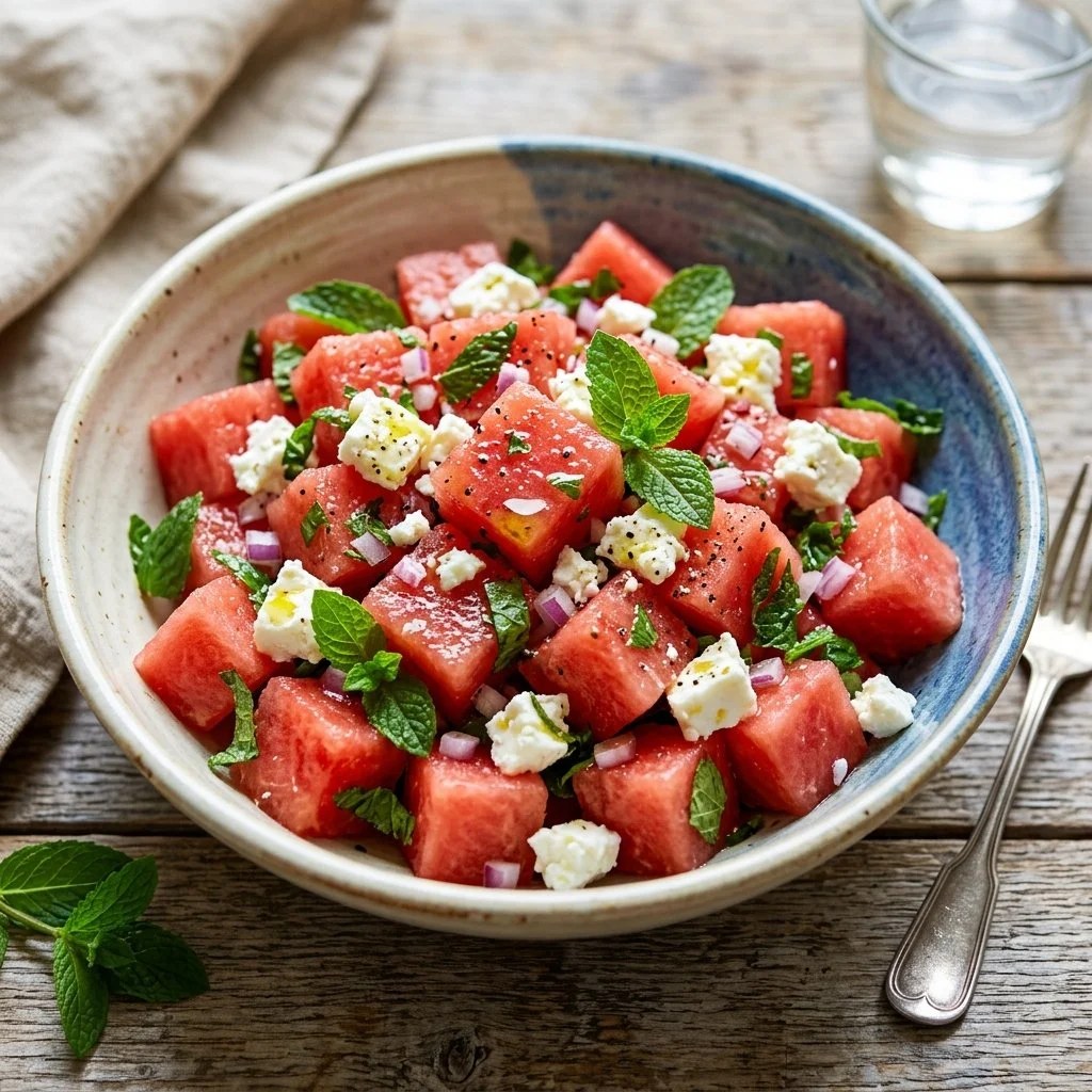 Bowl of watermelon feta salad with fresh mint and dressing