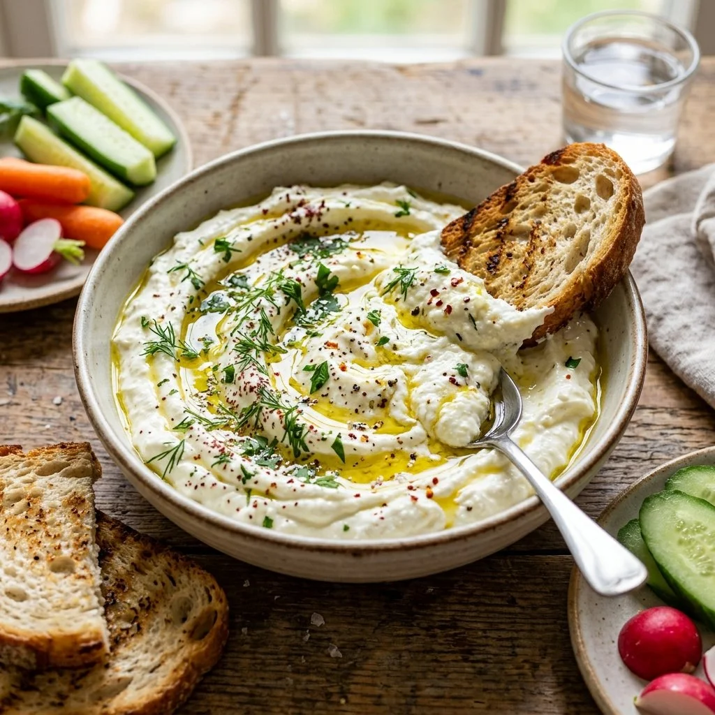 Delicious whipped feta dip served with pita and veggies