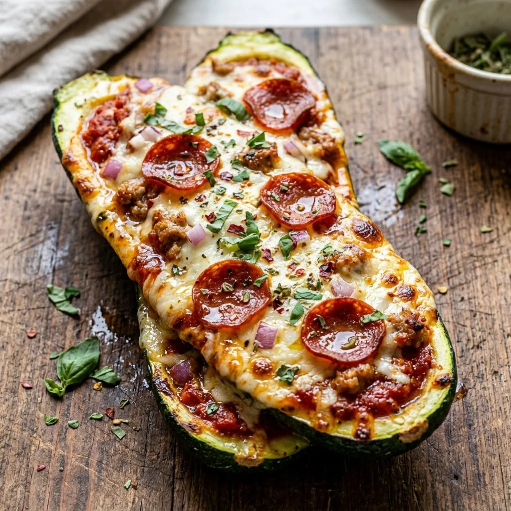 Delicious zucchini boat pizza topped with cheese and fresh ingredients.
