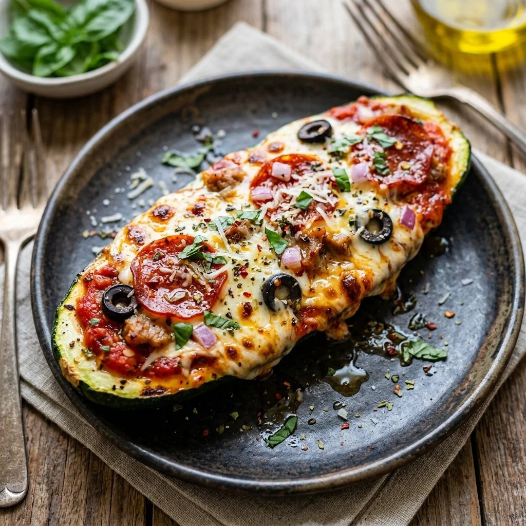 Delicious zucchini boat pizza topped with cheese, tomatoes, and herbs.