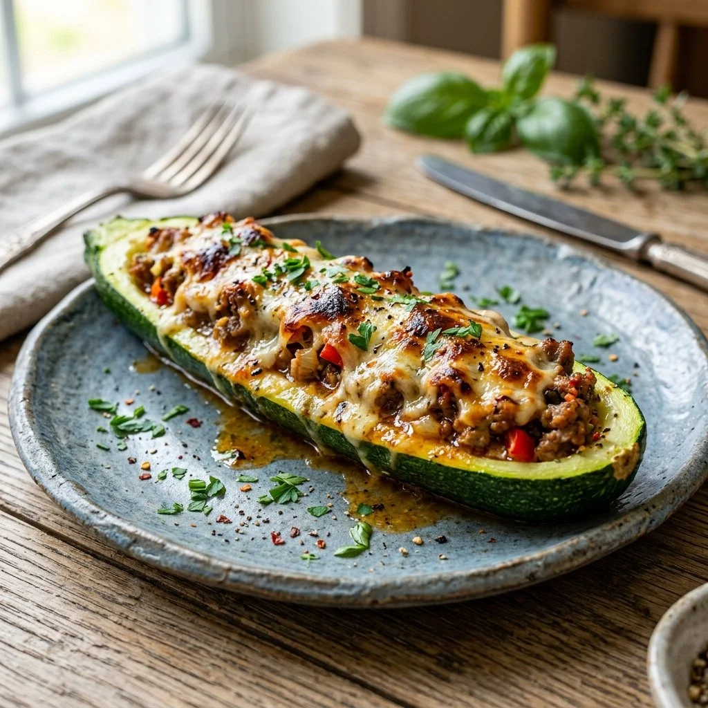 Stuffed zucchini boats filled with vegetables and cheese on a plate
