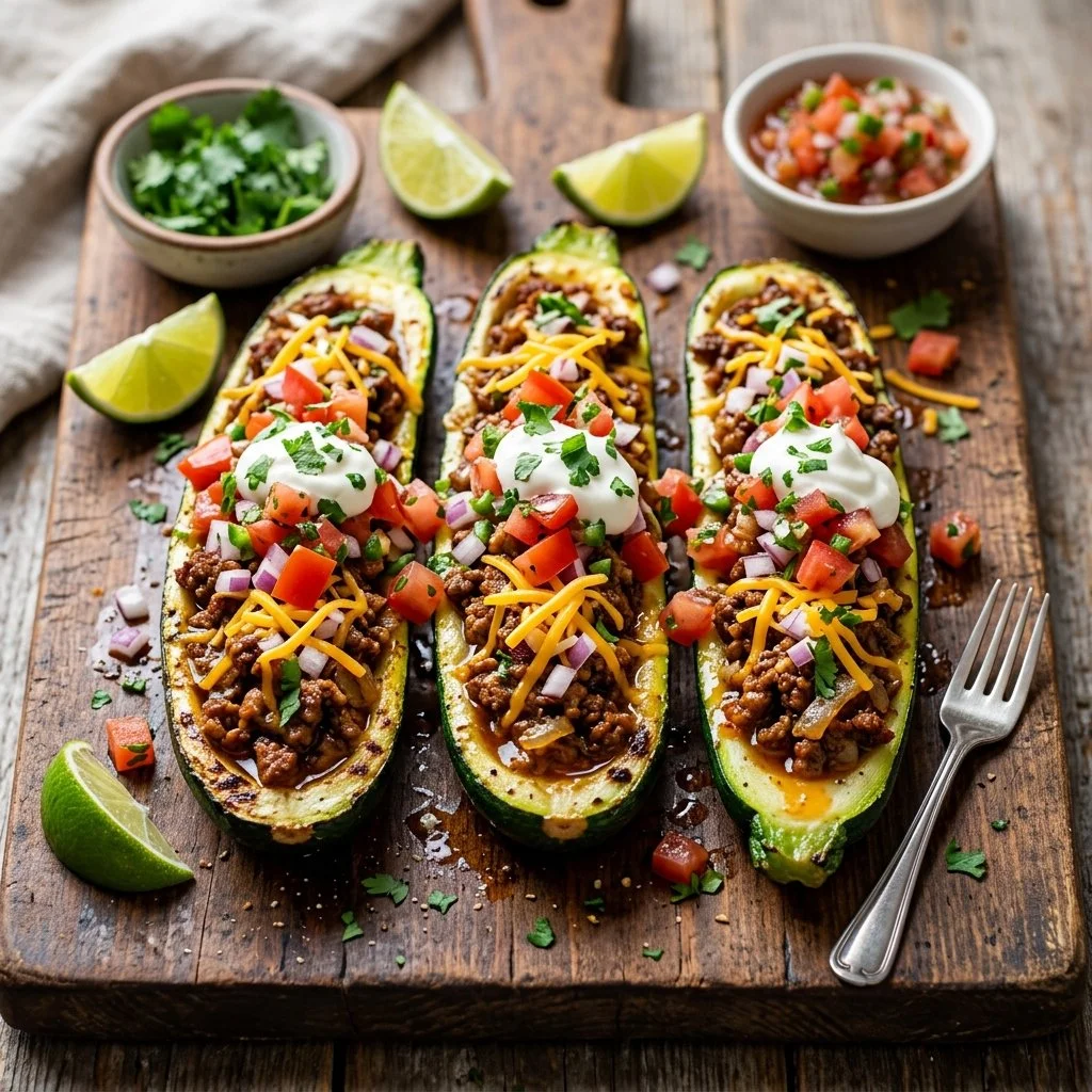 Zucchini Boat Tacos filled with fresh ingredients and topped with salsa.