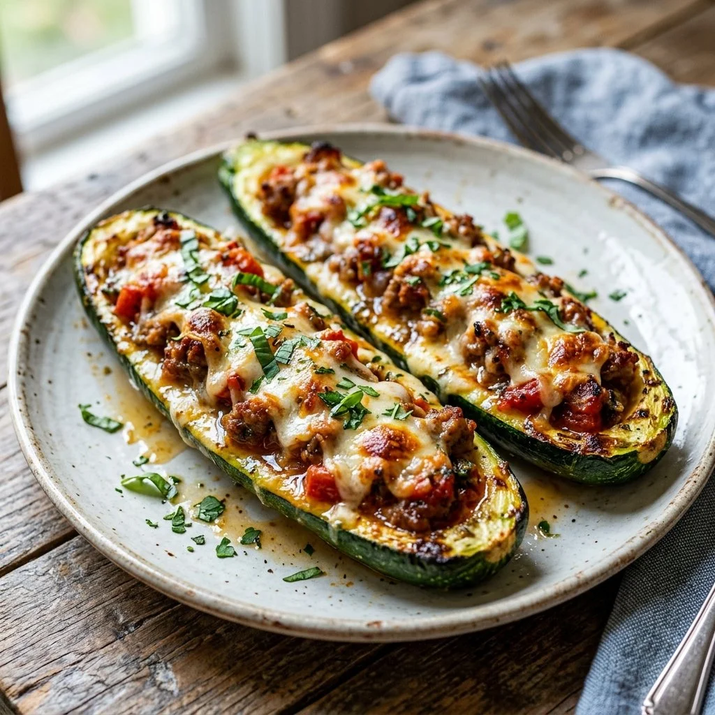 Healthy zucchini boats filled with savory ingredients for a flavorful dish.