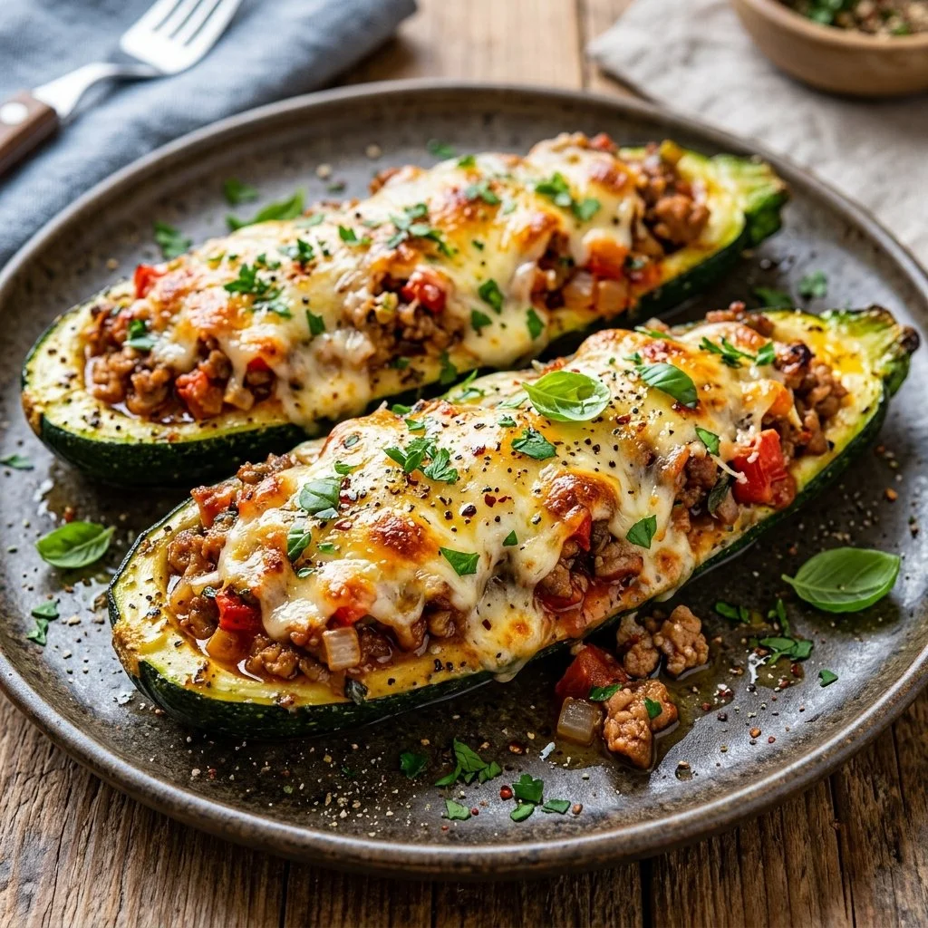 Delicious zucchini boats filled with vegetables and cheese served on a plate.