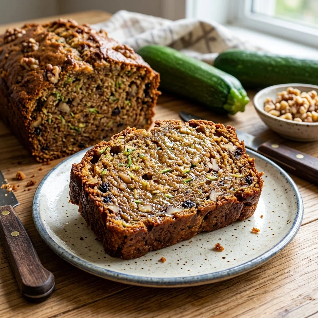 Freshly baked zucchini bread loaf with slices on a wooden table