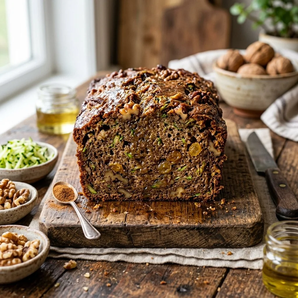 Freshly baked zucchini bread with nuts and spices