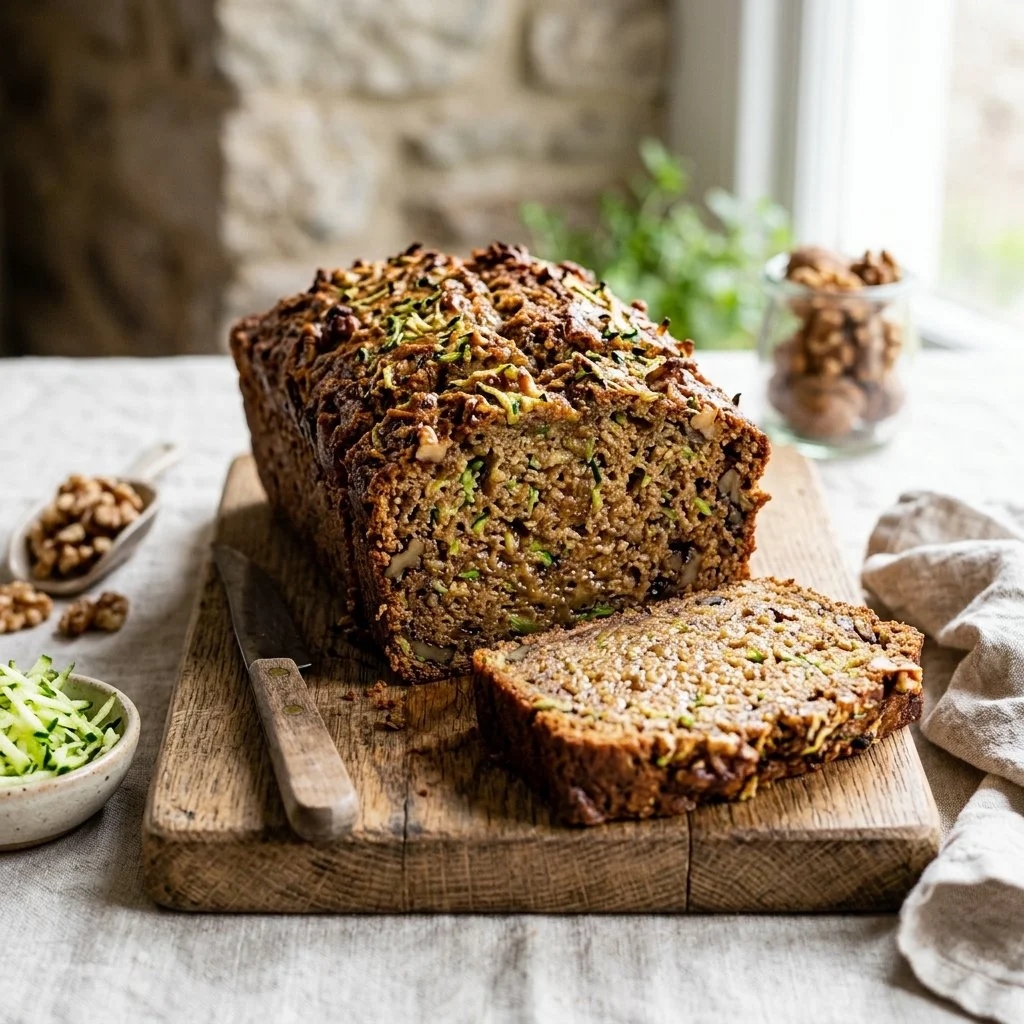 Freshly baked zucchini bread with walnuts on a wooden cutting board