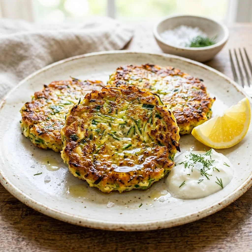 Golden crispy zucchini fritters served on a plate with dipping sauce