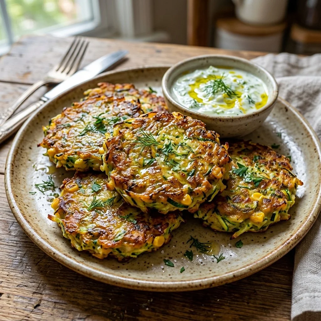 Crispy zucchini fritters served on a plate with dipping sauce