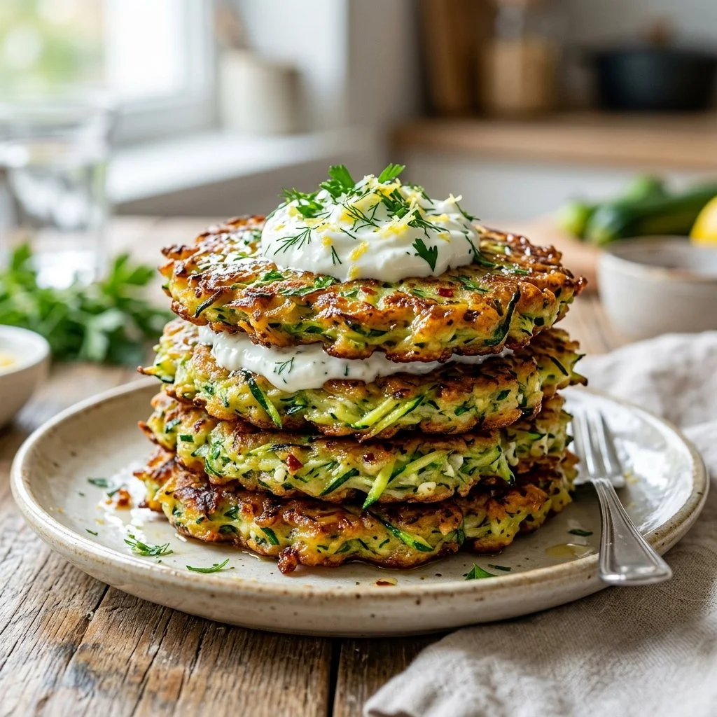 Plate of crispy zucchini fritters garnished with fresh herbs