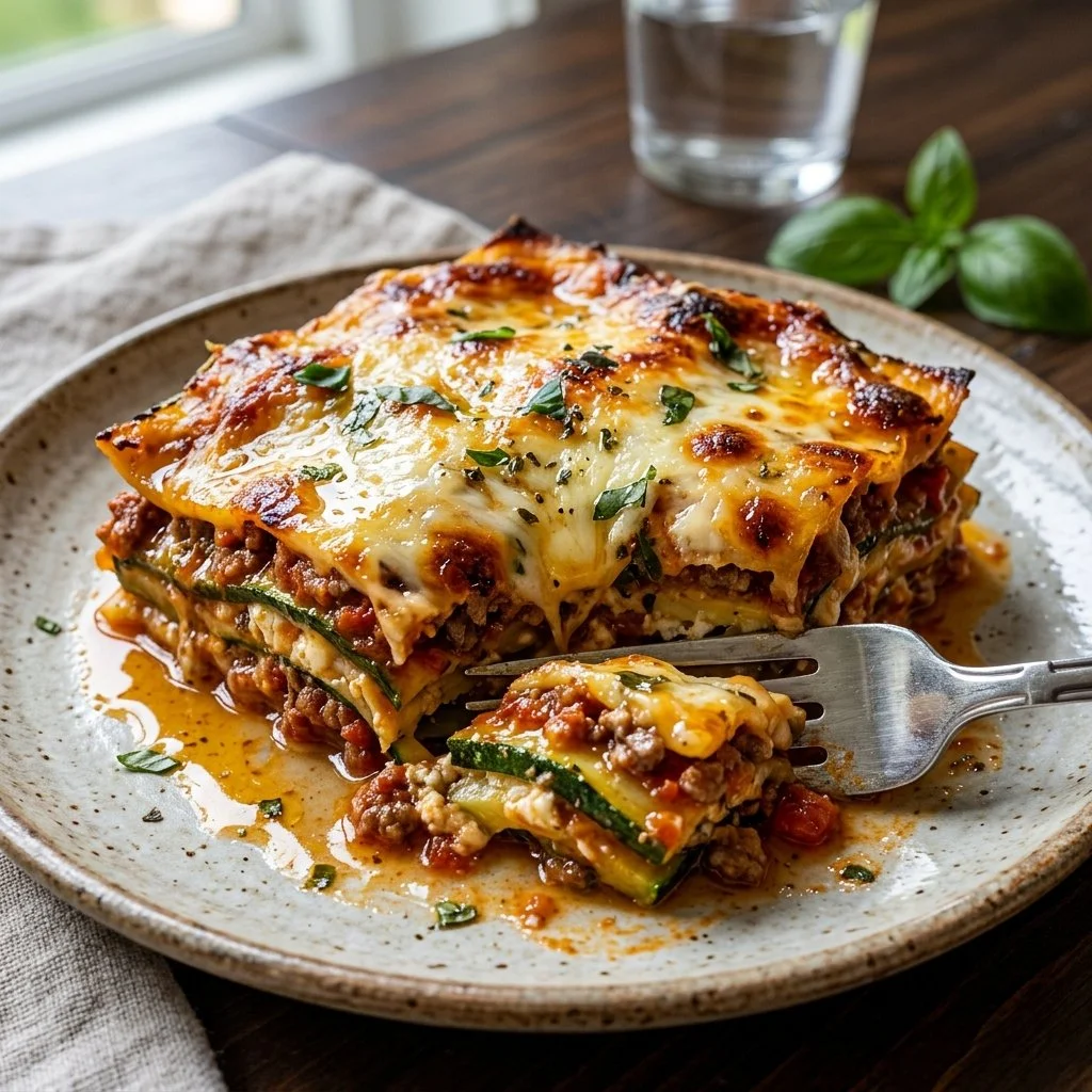A serving of Zucchini Lasagna topped with cheese and fresh herbs.
