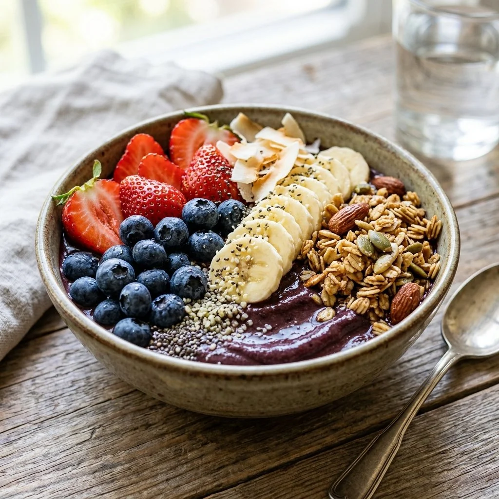 Delicious acai bowls topped with fresh fruits and granola
