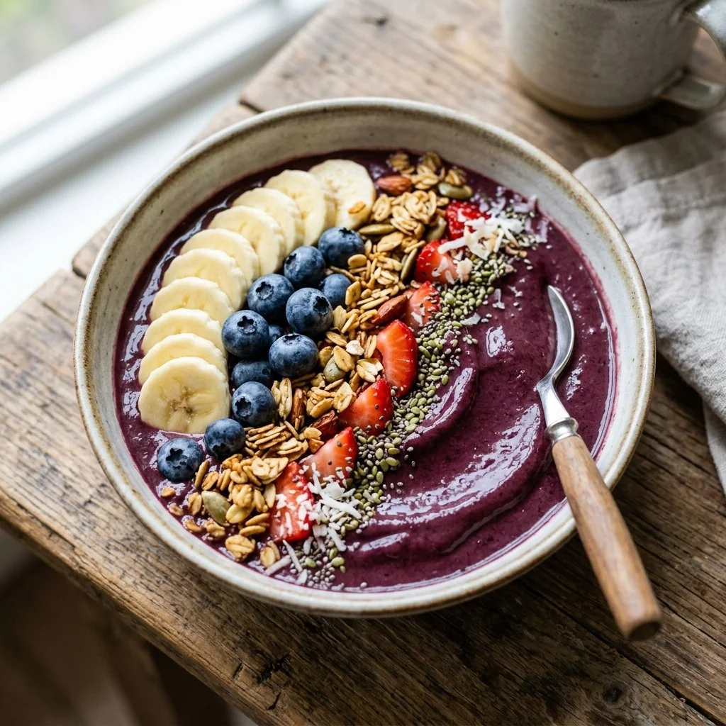 Delicious and colorful Acai Smoothie Bowl topped with fruits and granola
