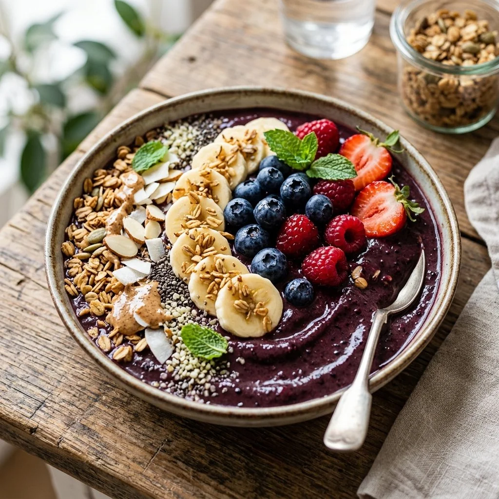 Colorful acai smoothie bowl topped with fruits and granola