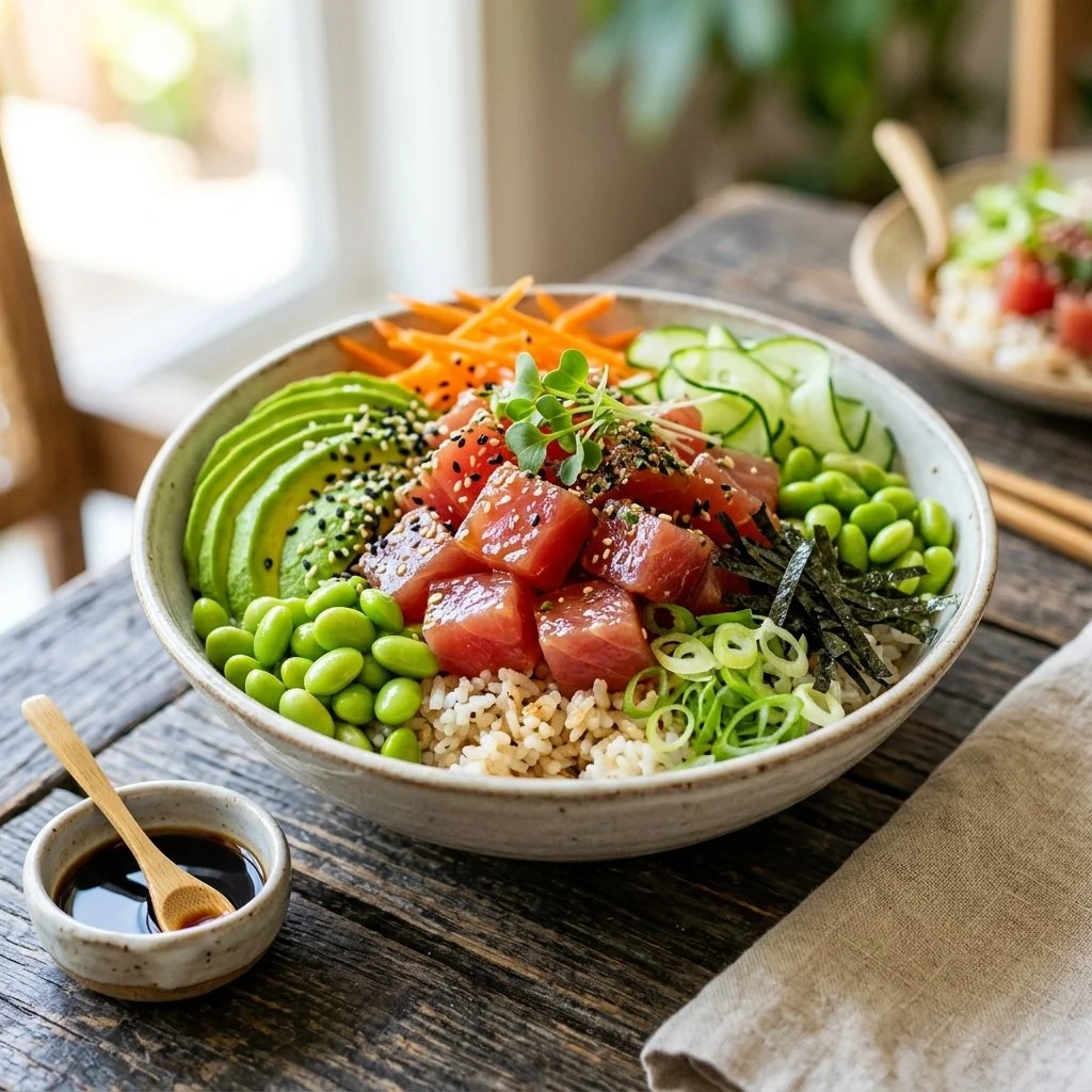 Ahi tuna poke bowl garnished with fresh vegetables and toppings