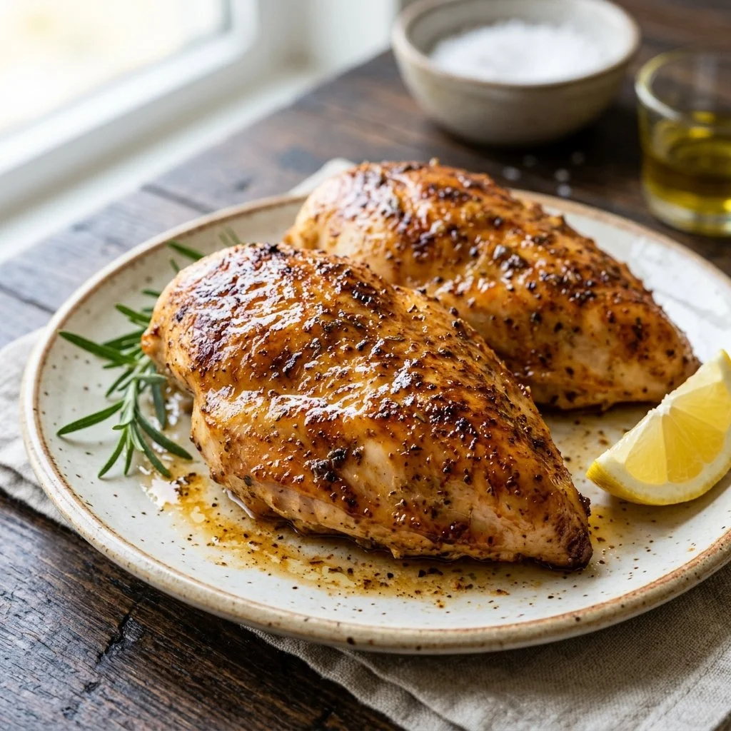 Juicy air fryer chicken breast plated with vegetables