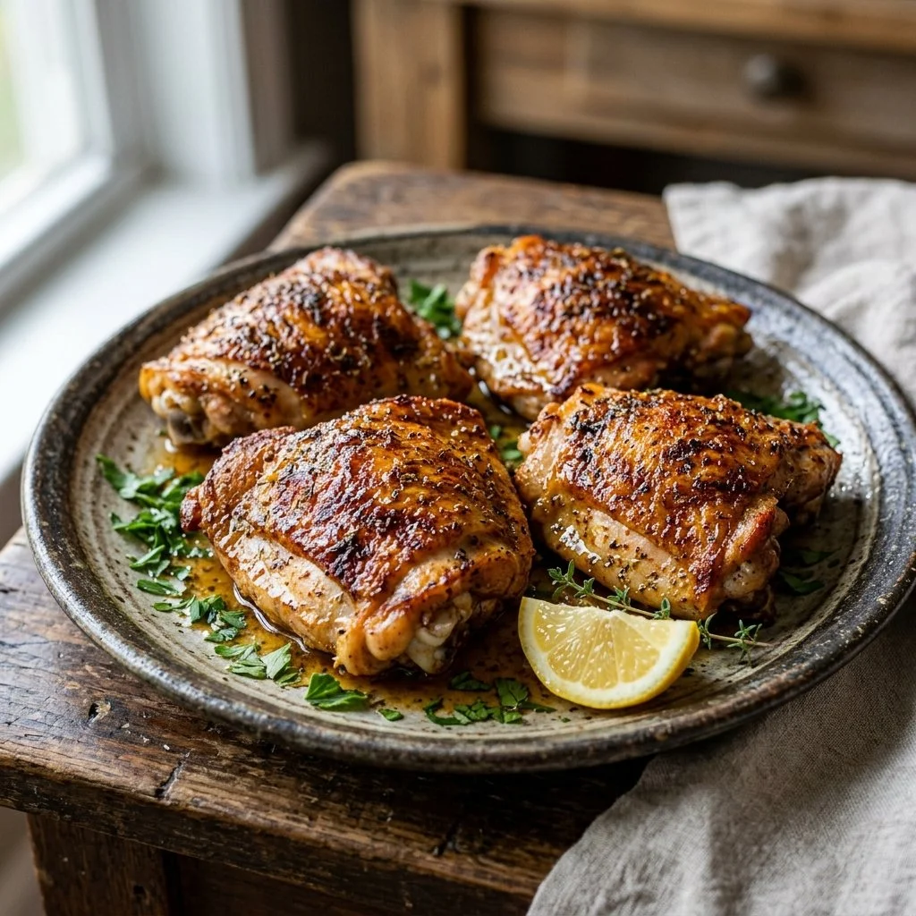 Crispy air fryer chicken thighs served with fresh herbs and vegetables