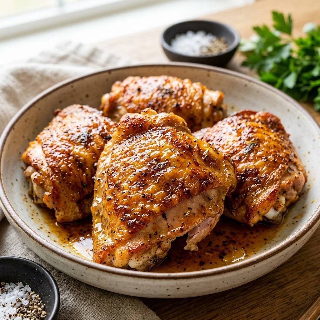 Crispy air fryer chicken thighs served with herbs and vegetables