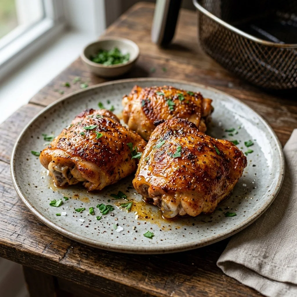 Crispy air fryer chicken thighs served on a plate with fresh herbs