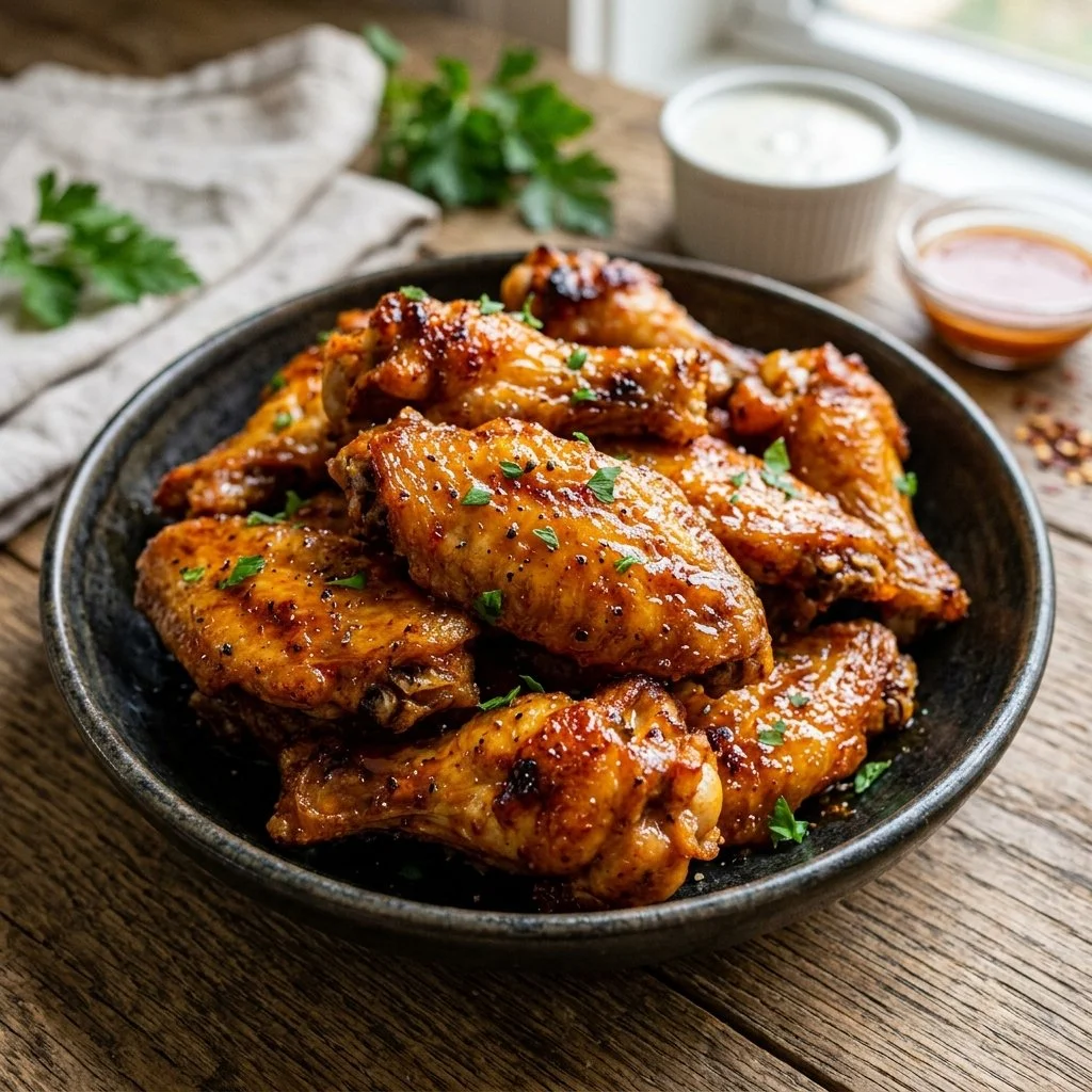 Crispy air fryer chicken wings served with dipping sauce