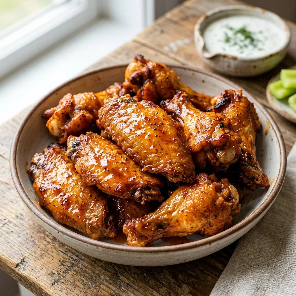 Crispy air fryer chicken wings served on a plate with dipping sauce.