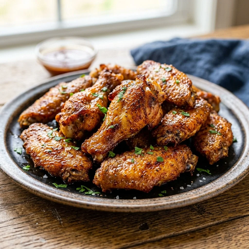 Delicious air fryer chicken wings served with dipping sauce on a platter