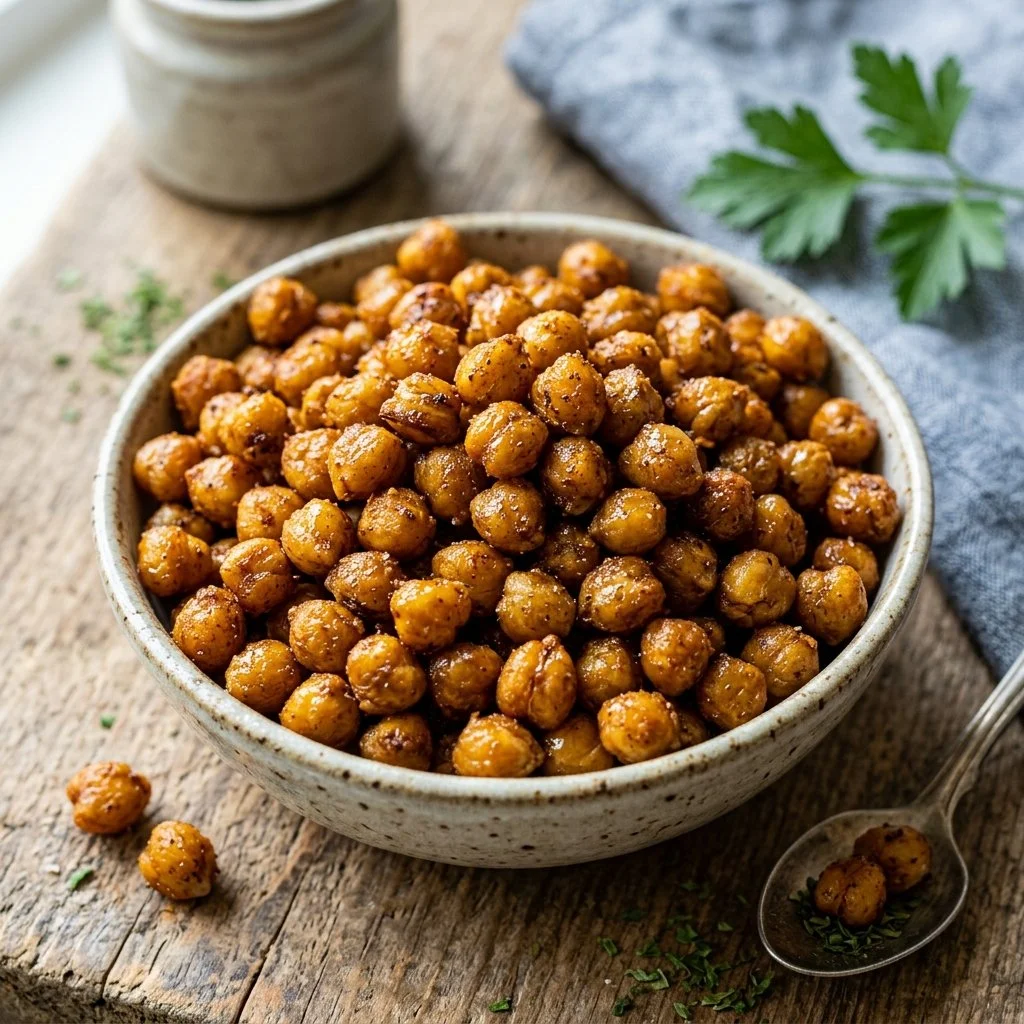 Bowl of crispy air fryer chickpeas seasoned and ready to eat