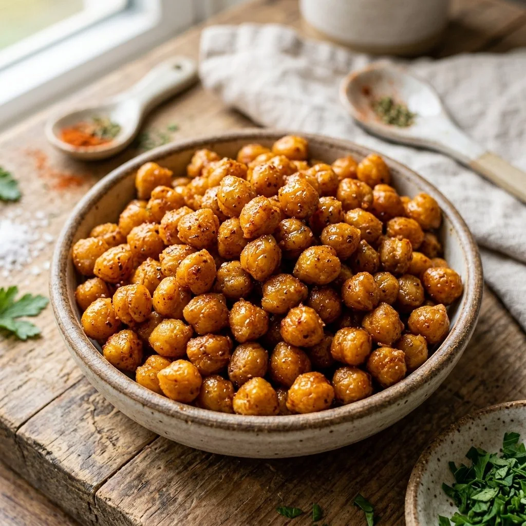 Crispy air fryer chickpeas ready to be served as a healthy snack