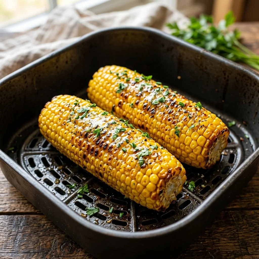Air fryer corn on the cob served with butter and seasonings