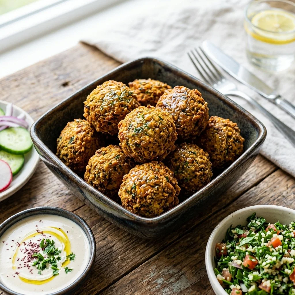 Crispy air fryer falafel served with fresh veggies and dipping sauce