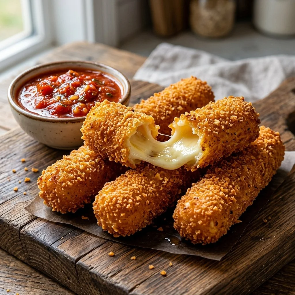 Delicious air fryer mozzarella sticks served with marinara sauce.