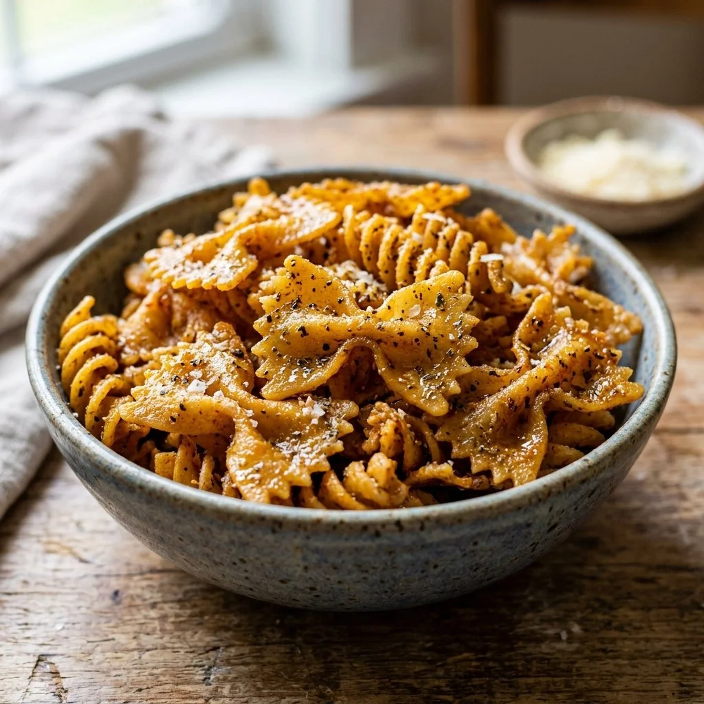 Crispy air fryer pasta chips served in a bowl