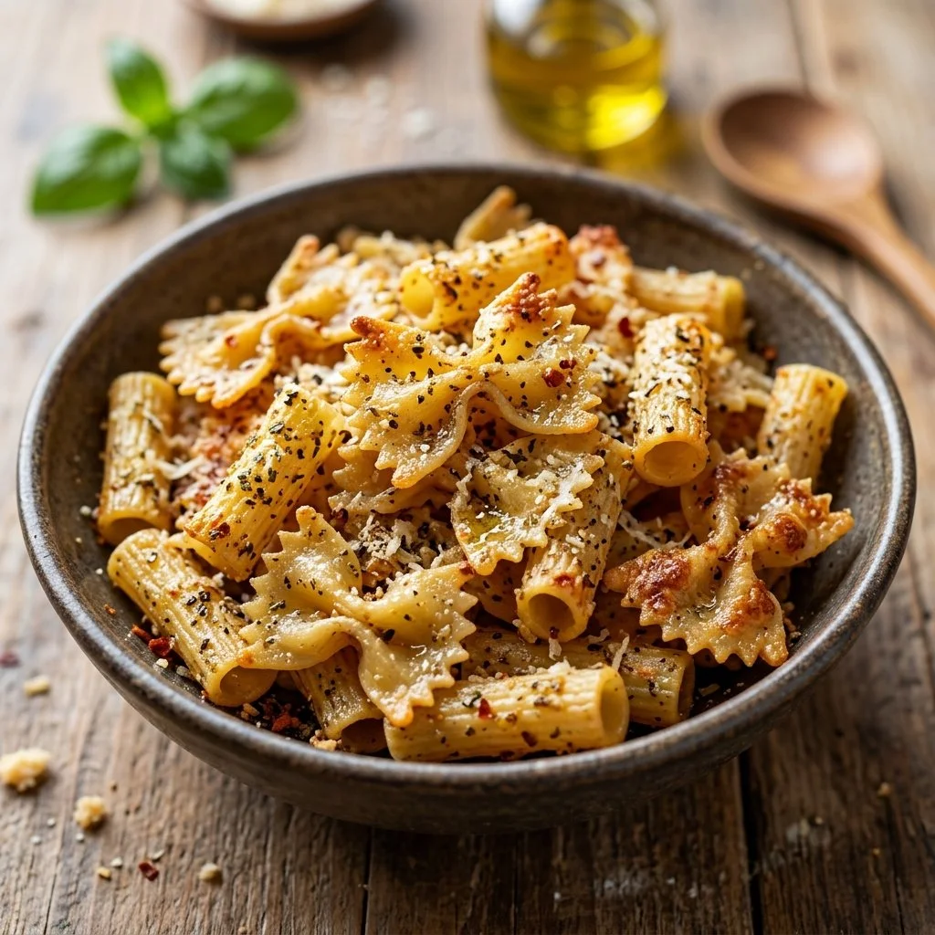 Crispy air fryer pasta chips served in a bowl, perfect for snacking.