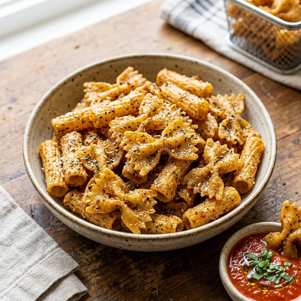 Air fryer pasta chips served in a bowl for a crispy snack