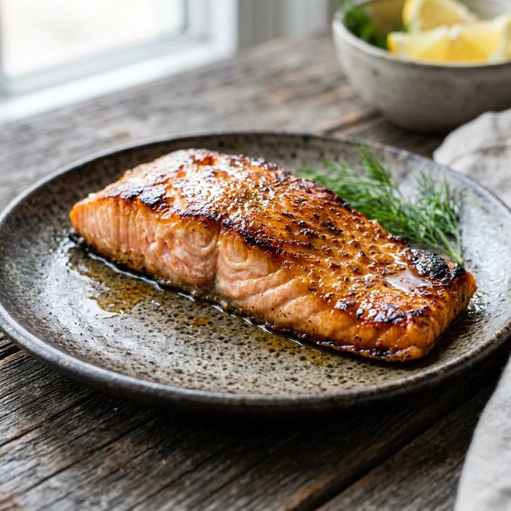 Air Fryer Salmon dish served on a plate with fresh herbs and lemon slices.